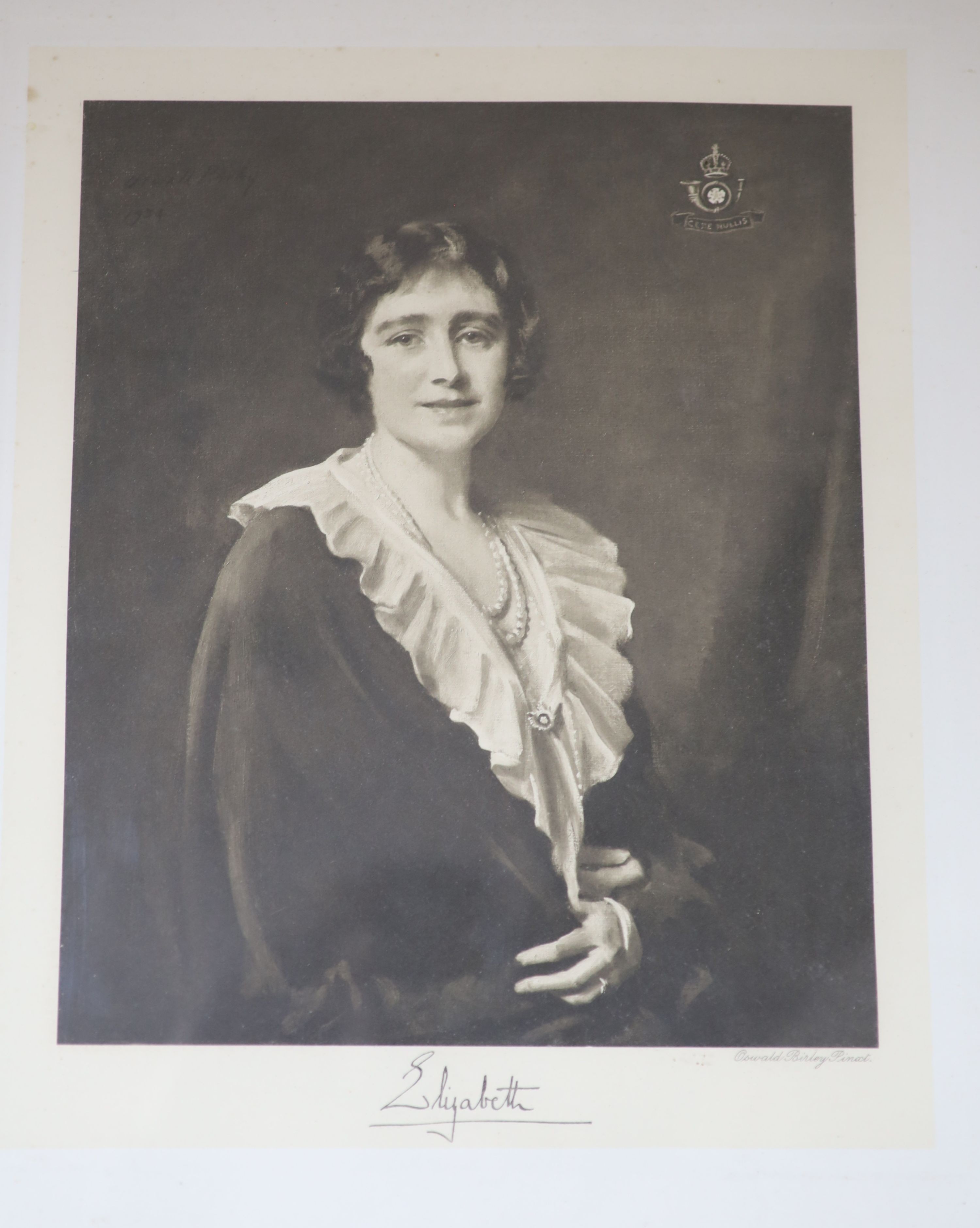 After Sir Oswald Birley. A photograph of Elizabeth Duchess of York, later Queen Elizabeth, signed